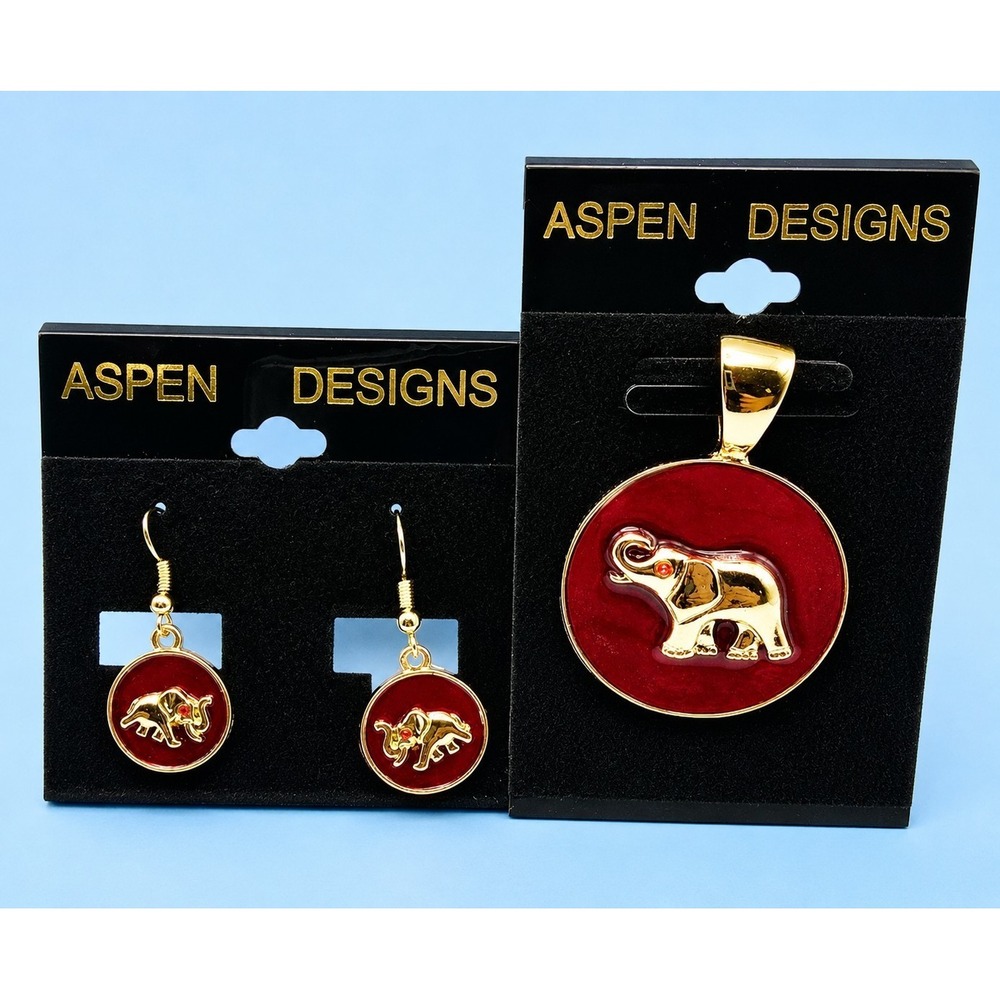 Aspen Designs Gold Tone Elephant Pendant Necklace & Matching Earrings Set‎ -3413